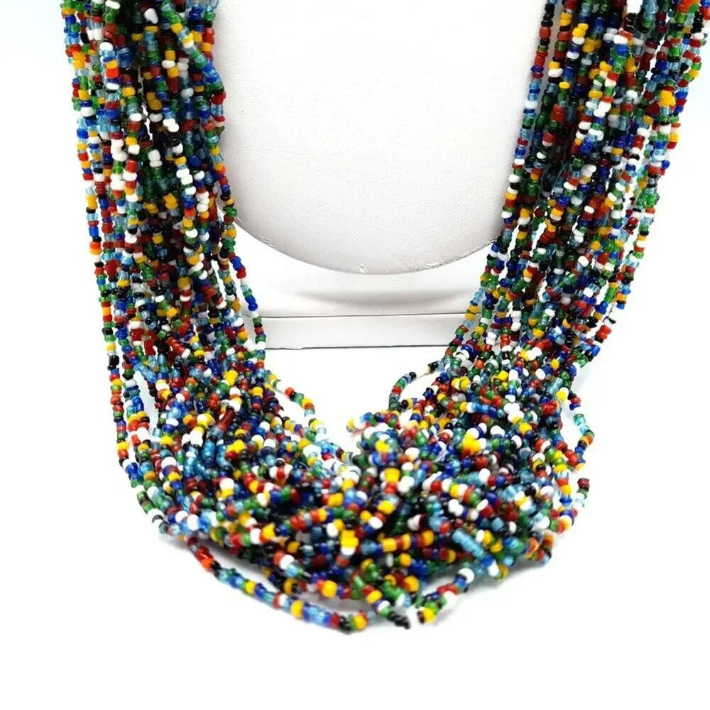 Vintage Multi-strand Glass Bead Necklace, Bohemian 28 Strands, 33 Inches